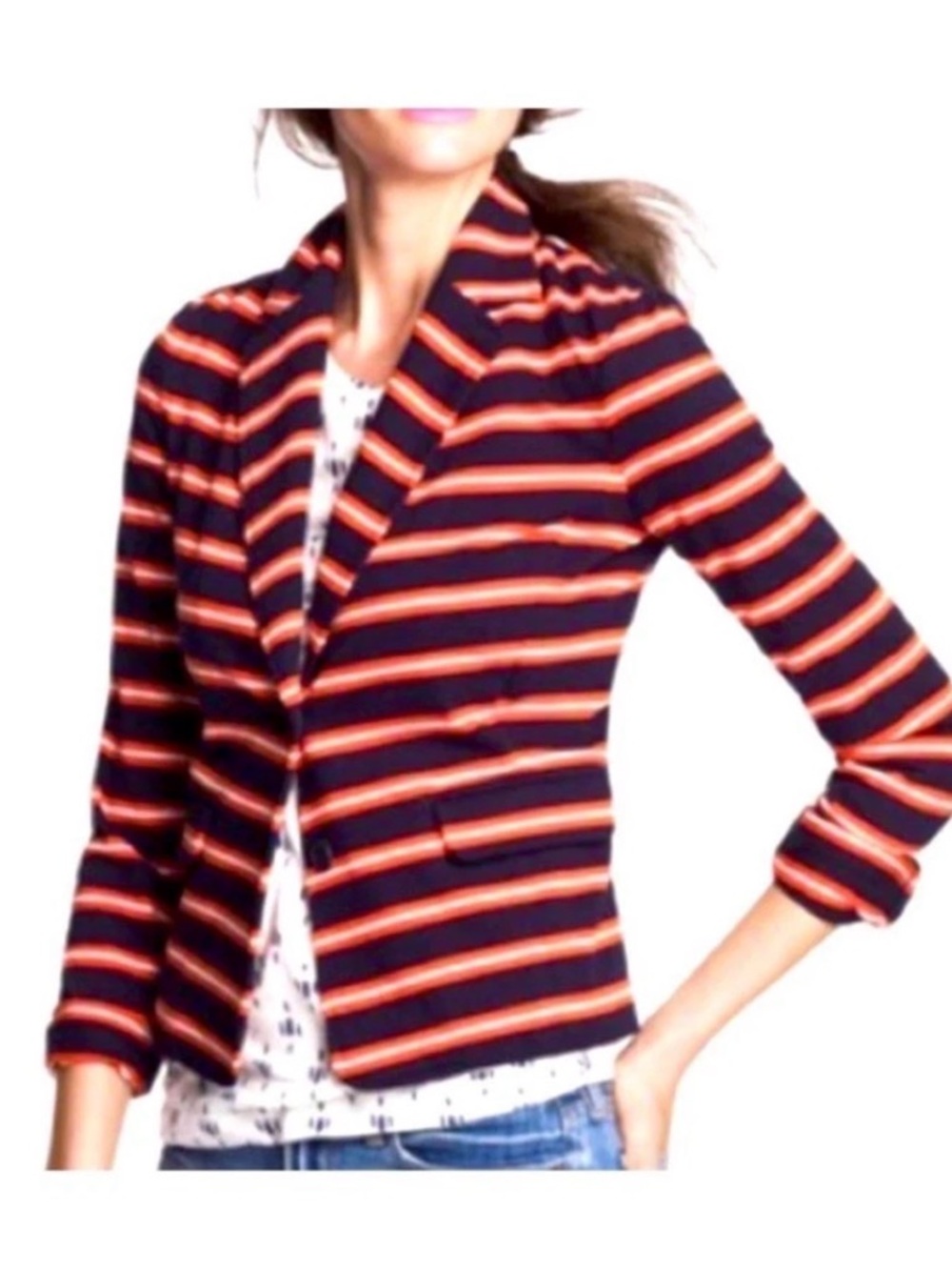 J. Crew Factory Navy and Orange Red Striped Women's Blazer